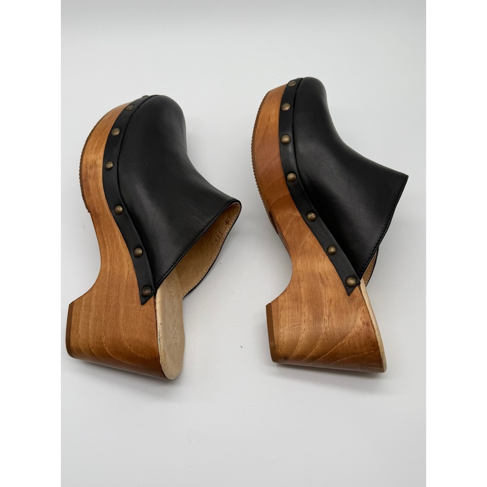 Anthropologie Five Worlds Clogs Sz 10 Black Leather Wood Platform Studded Mules - Picture 2 of 14